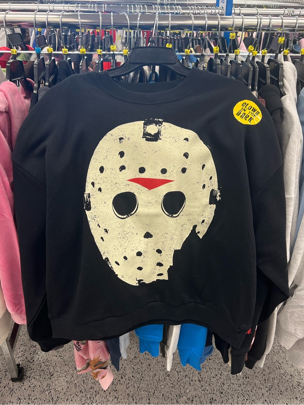 Friday the 13th Black Jason Mask Glow in the Dark Halloween Sweatshirt XL
